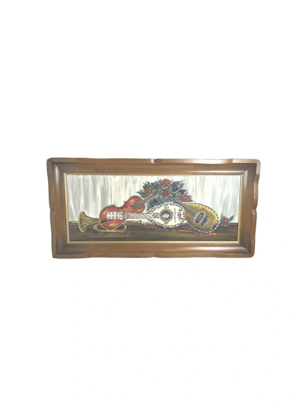 Vintage Still-Life Painting of Musical Instruments Artwork with Wooden Frame